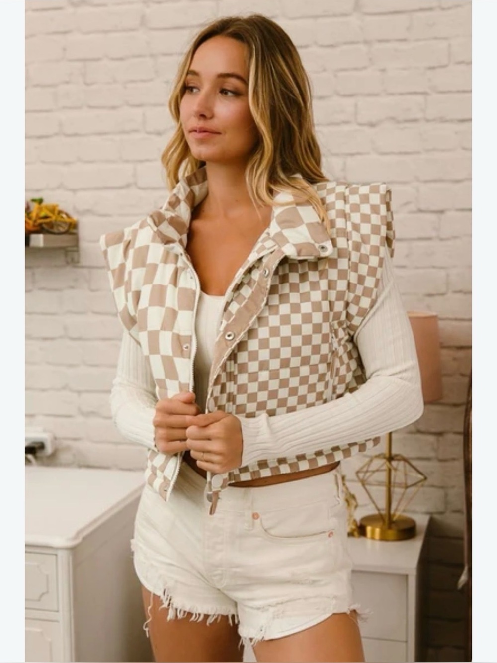 NWT Bibi Mixed Checkered Cropped Vest in Latte